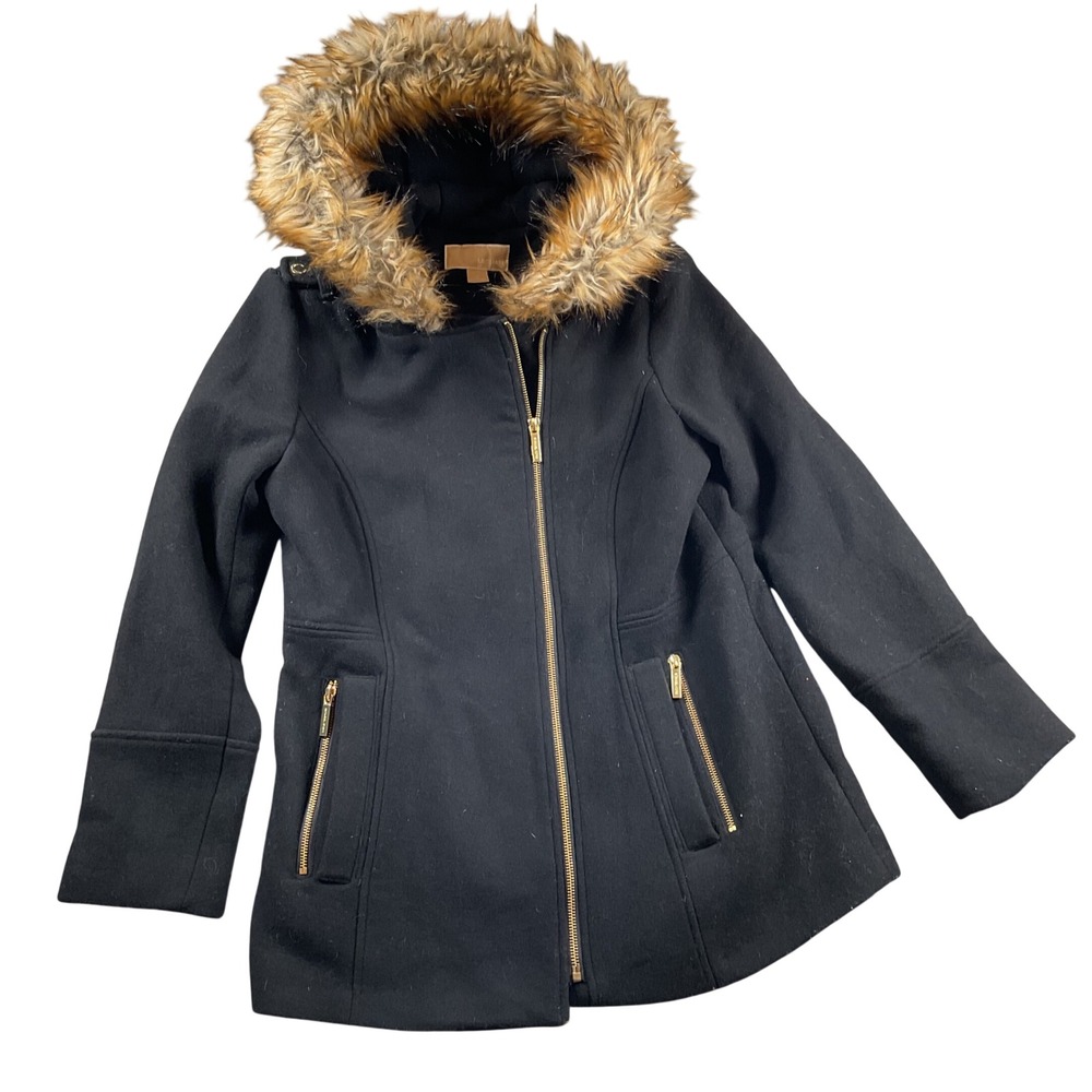 Michael Kors Womens Black Wool Blend Faux Fur Hooded Military Coat Size‎ 12